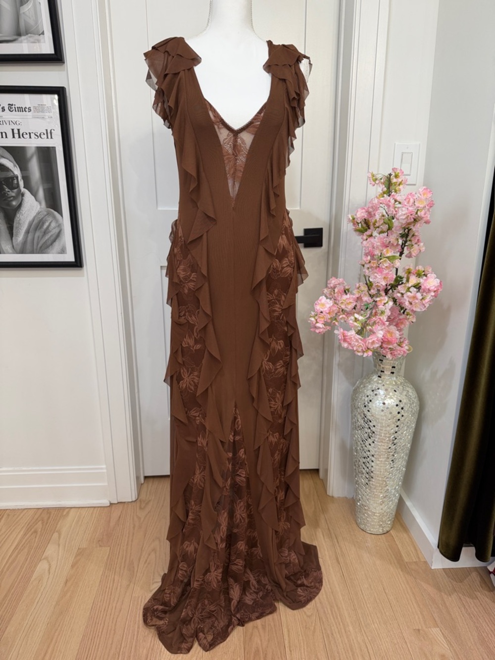 AFRM Brown Ruffle Lace-Inset Maxi Dress